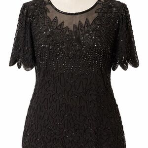 Black Beaded Short-Sleeve Evening Top